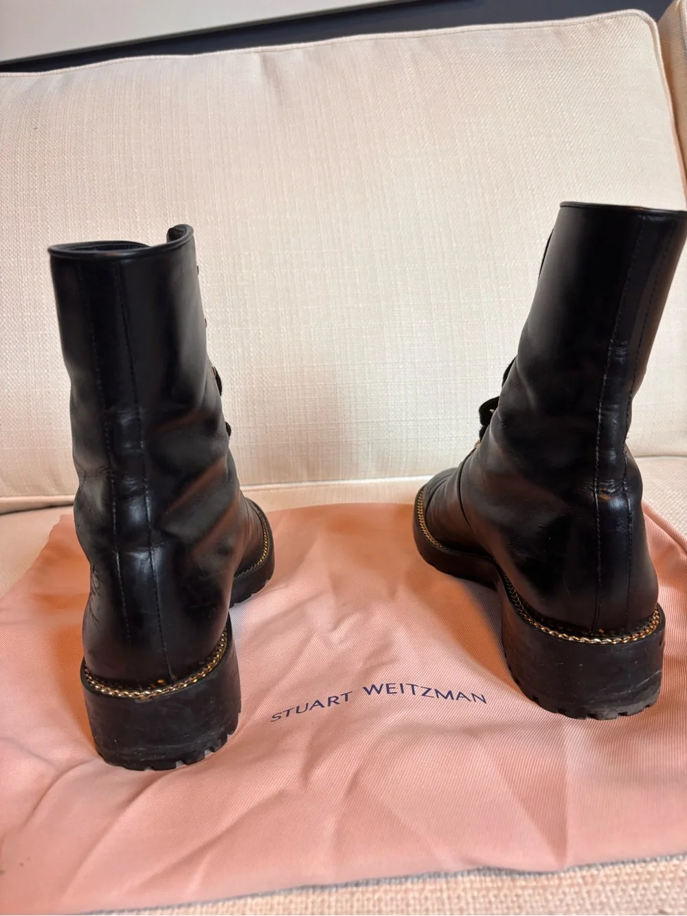Stuart Weitzman Laine Black Leather Combat Boots Size 7.5 Gold Hardware